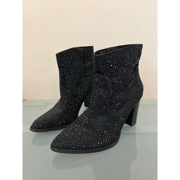 Crown Vintage Elie Booties rhinestone black shiny women’s 6.5 shoes bling - Picture 1 of 8